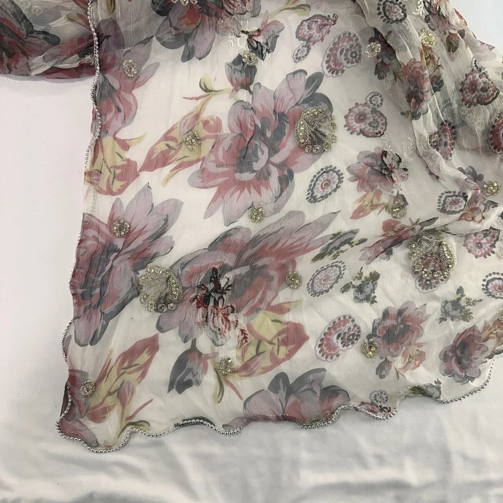 Floral Embroidered Silk‎ Scarf Women OS Pink Beaded Trim Cottagecore Fairy